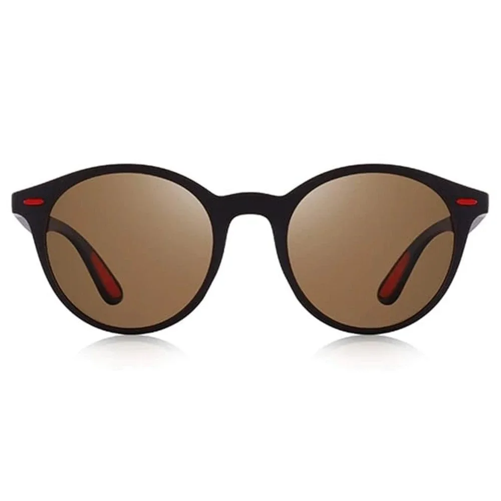 Mens Polarized Sunglasses Round Matte Black Frame Brown Lens Red Accent Fancy‎